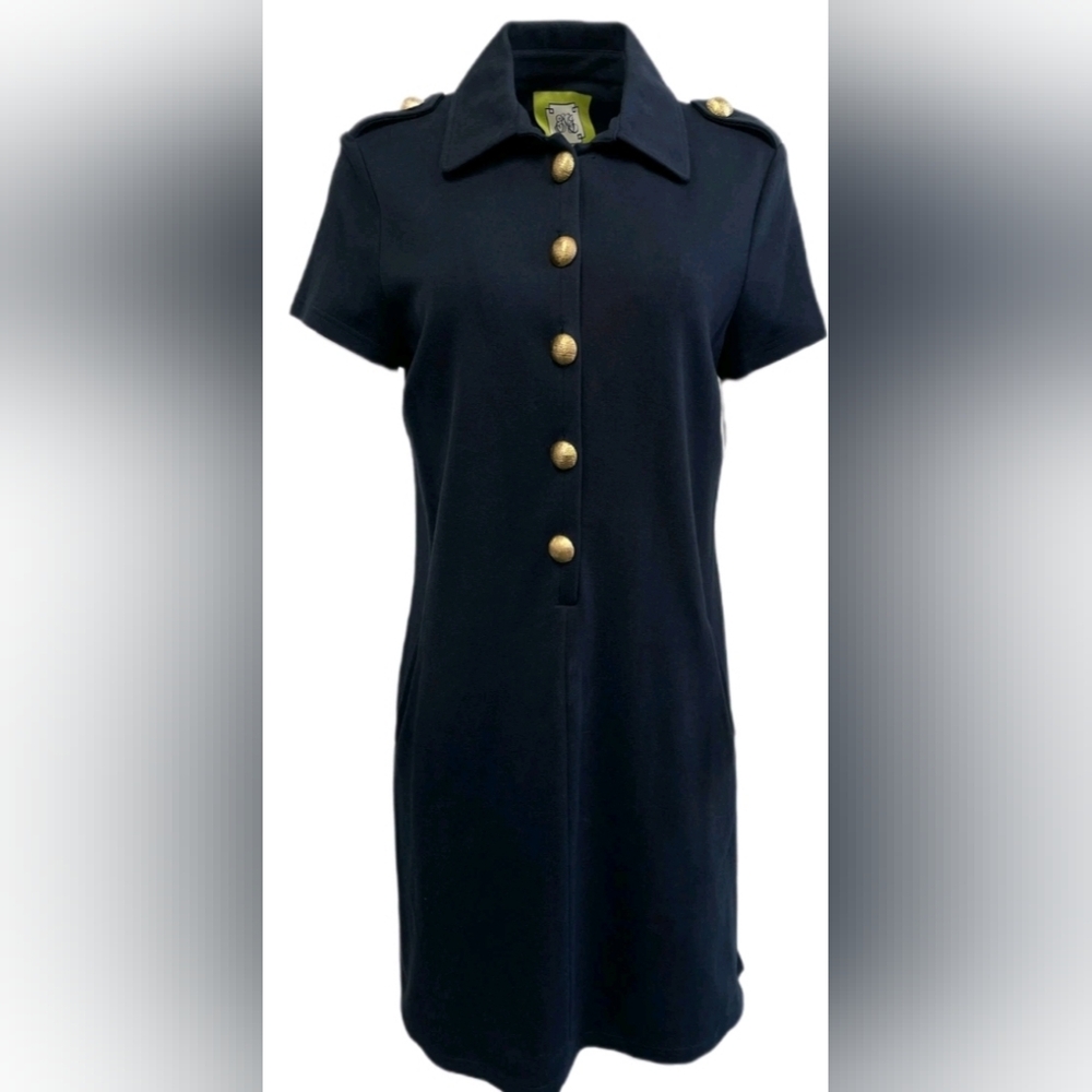 Elizabeth McKay Navy Button Down Shirt Dress with Gold Buttons